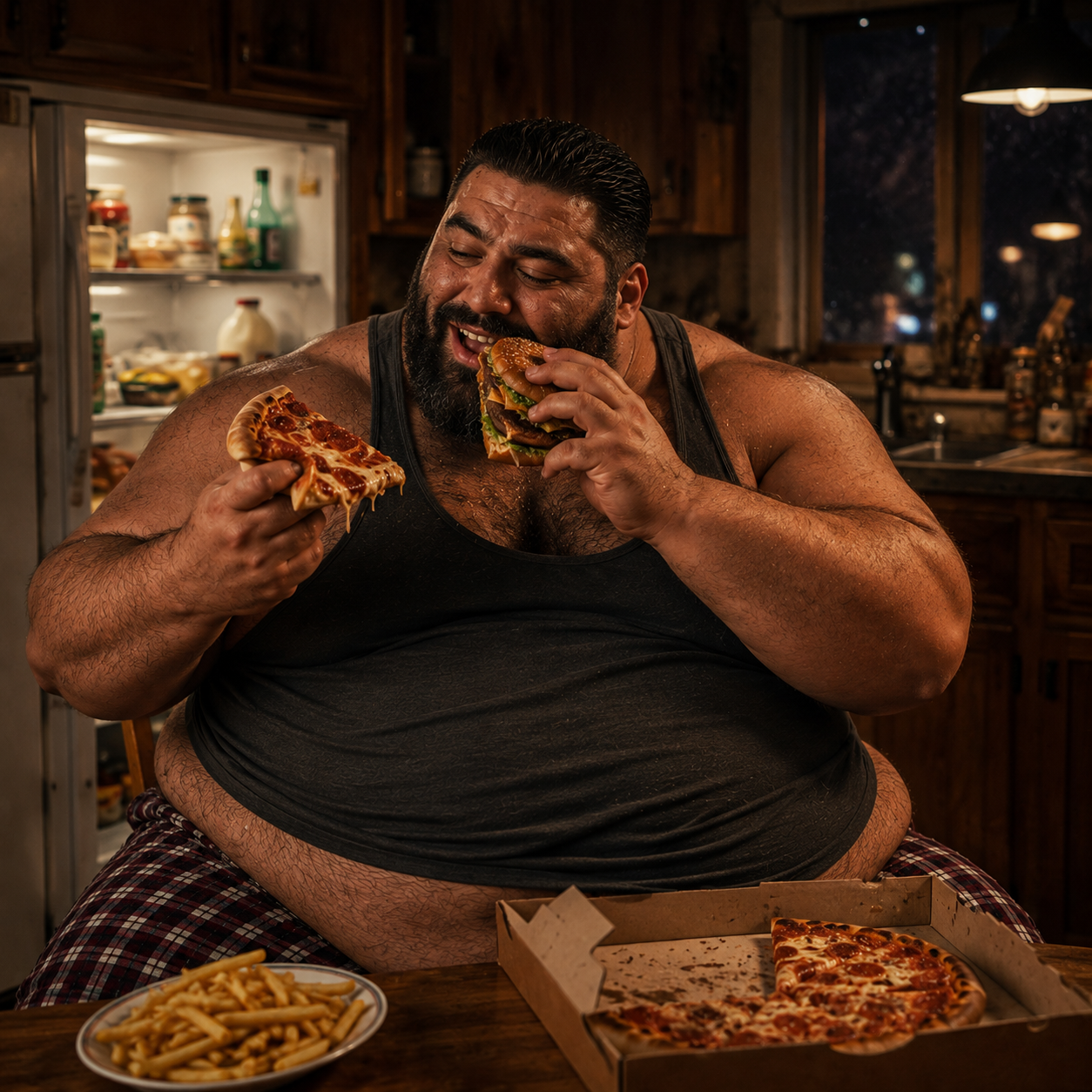 Useless Chad eating pizza and a burger in the kitchen at night